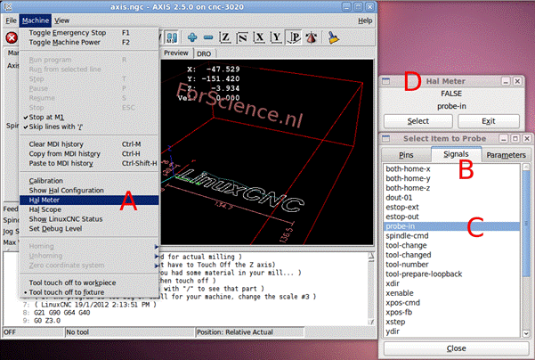 Testing the probe using the LinuxCNC hal meter (ForScience.nl)